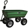 Zahradní vozík pro využití v zahradě, na dvoře. Velká kola s kuličkovými ložisky a pneumatikami, velká vana. Výklopná funkce, závěs například pro traktorovou sekačku.