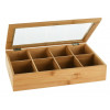 - dřevěná krabička na čaj - slouží k přehlednému uspořádání a skladování čajových sáčků - vyrobena z bambusového dřeva s průhledným okénkem - celkem 8 přihrádek - rozměry boxu: 32 x 20 x 6,5 cm