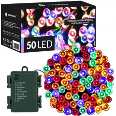 LED světelný řetěz - 5m, 50LED, 8 funkcí, časovač, 3xAA, IP44, multicolor