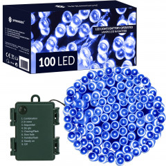 LED světelný řetěz - 10m, 100LED, 8 funkcí, časovač, 3xAA, IP44, modrá