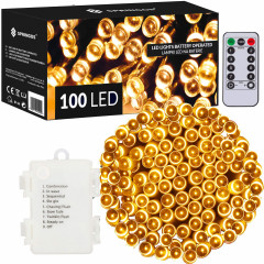 LED světelný řetěz - 10m, 100LED, 8 funkcí, ovladač, 3xAA, IP44, teplá bílá