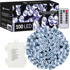 LED světelný řetěz - 10m, 100LED, 8 funkcí, ovladač, 3xAA, IP44, studená bílá