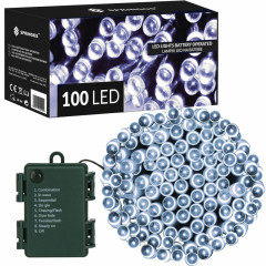 LED světelný řetěz - 10m, 100LED, 8 funkcí, časovač, 3xAA, IP44, studená bílá